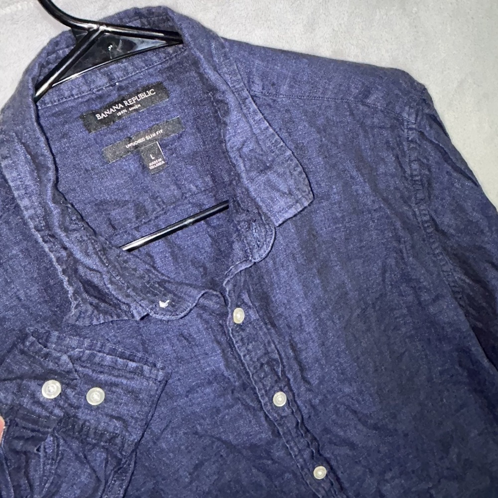 Banana Republic Mens L 100% Linen Slim Fit Denim Blue Button Down Shirt - Picture 2 of 8